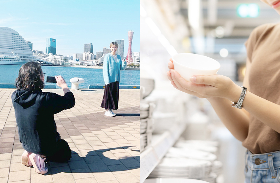 左：ロケハンの様子　／　右：撮影に使う小物などを買い出し